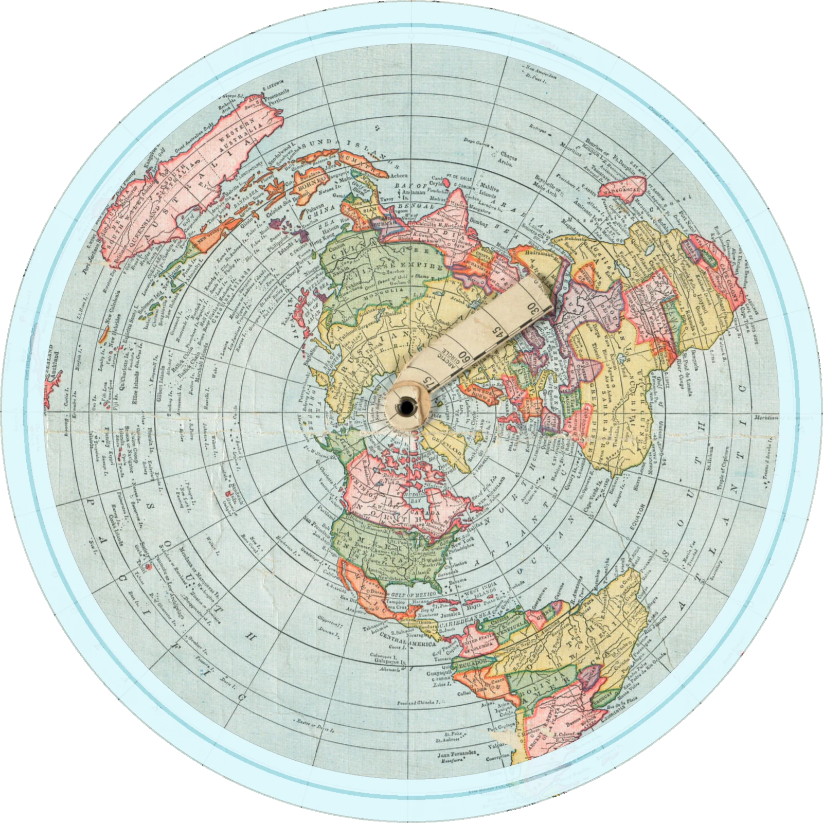 Carte du monde d'Alexander Gleason, 1892 : projection polaire où le pôle Nord est au centre et l'Antarctique forme un anneau extérieur.