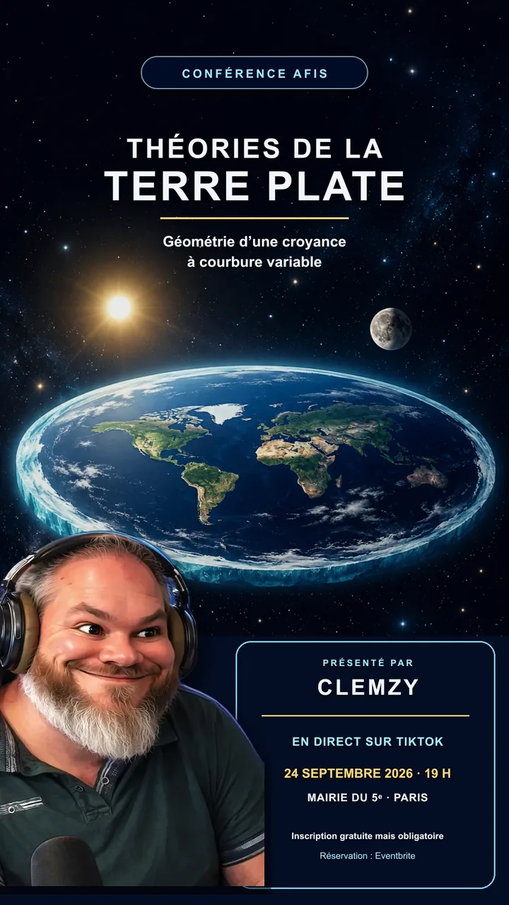 Affiche de la conférence AFIS « Théories de la Terre plate, géométrie d'une croyance à courbure variable », présentée par Clemzy le 24 septembre 2026 à la mairie du 5e arrondissement de Paris.